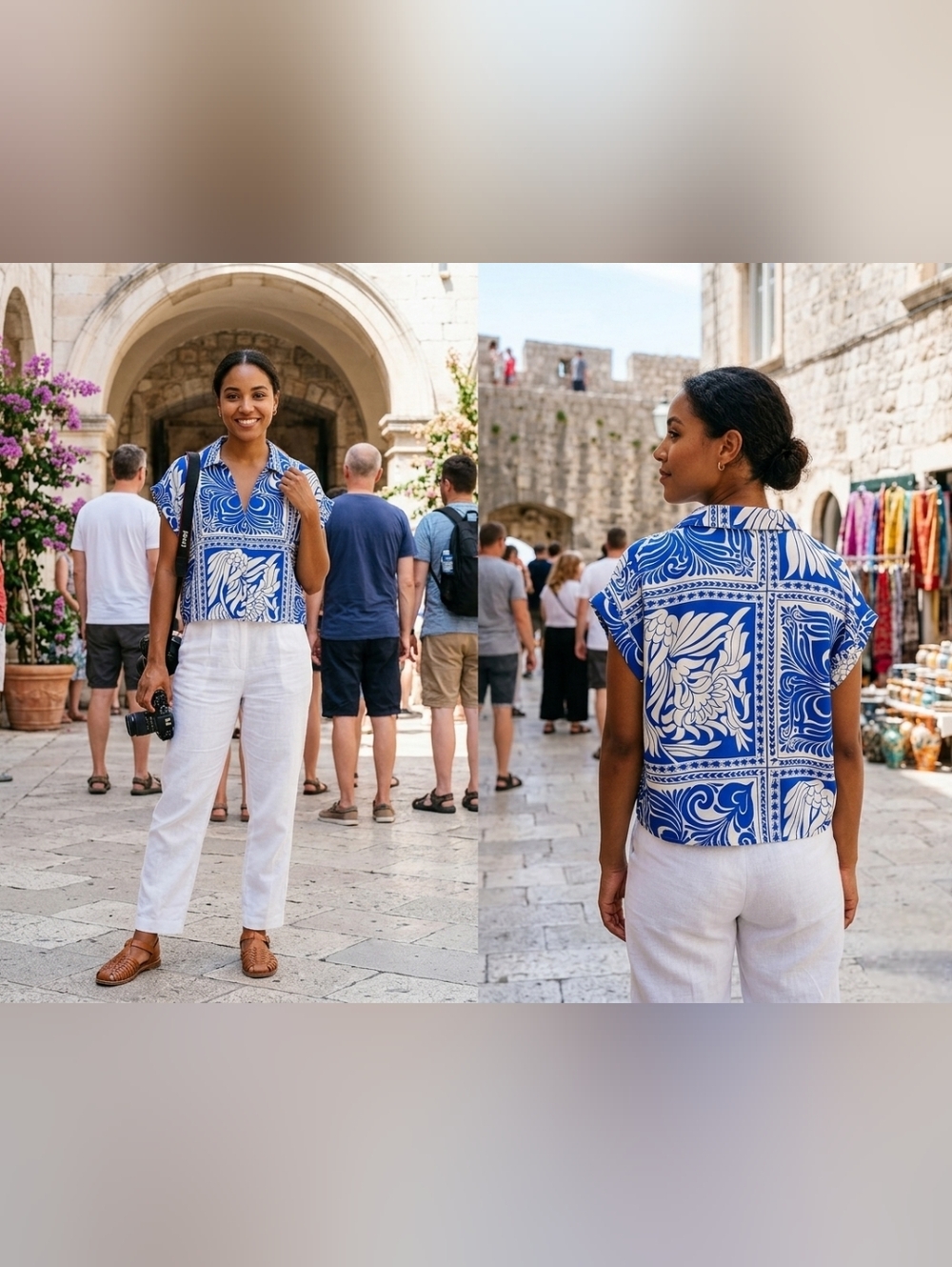 Blue & White Short-Sleeve Printed Button-Down Shirt